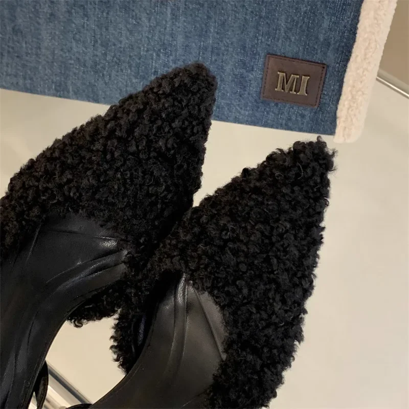 Fur Women High Heels Shoes Pointed Toe Fashion Sexy Slippers New Designer Party Dress Pumps Luxury Zapatillas Mujer 3