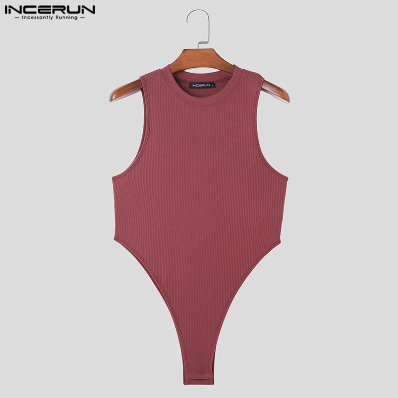 INCERUN 2023 Sexy New Men Bodysuits Casual Knitted Elastic Rompers Fashion Solid Comfortable Sleeveless Triangle Jumpsuits S-5XL