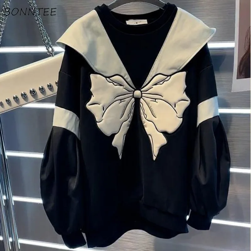 

O-neck Sweatshirt Trendy Korean-style Bow Panelled Patchwork Design Streetwear Schoolgirls Pleated Vintage Leisure Oversize New