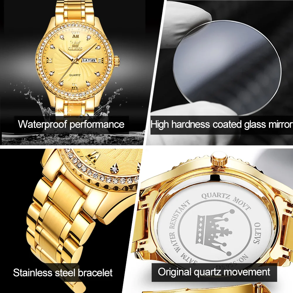 OLEVS Fashion Gold Quartz Watch for Men Stainless Steel Waterproof Luminous Hands Date Week Mens Sport Watches Relogio Masculino
