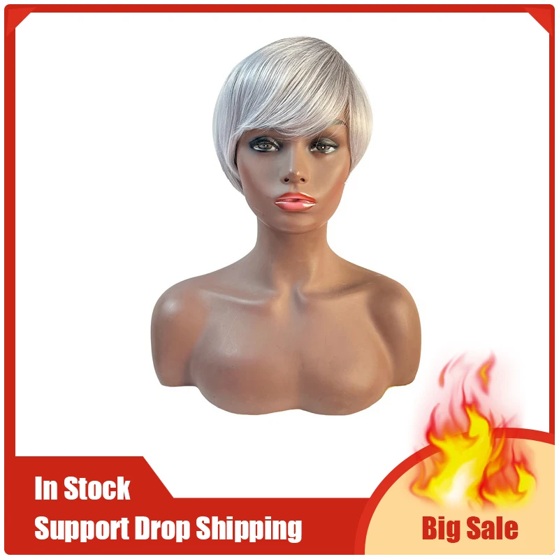 WIND FLYING 4 Inch Wig Head Covering Gray and White Short Hair Elderly Role-Playing Elegant Fashion Wig Set