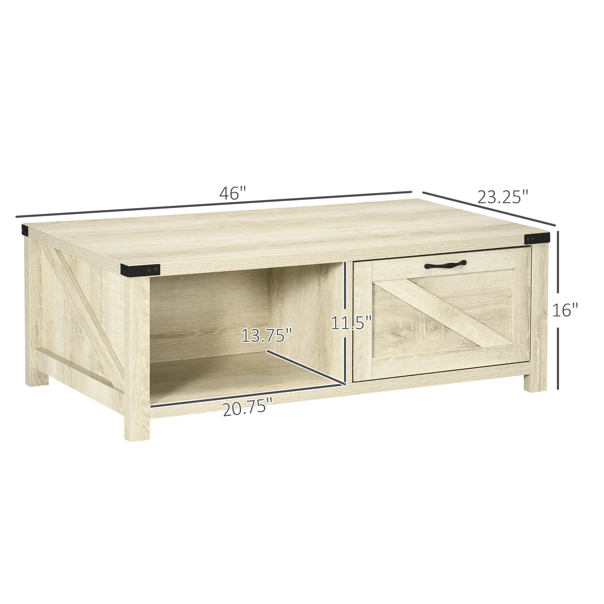 Wooden Farmhouse Living Room Table with Open Storage and Barn Door Design, Oak 4