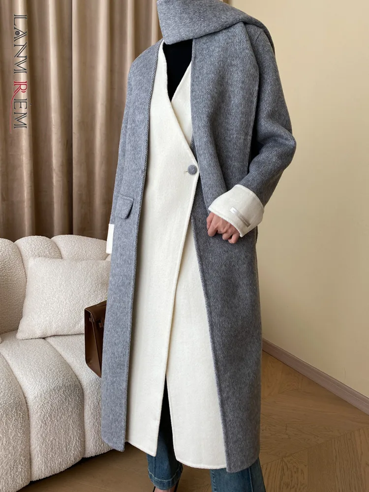 

[LANMREM] High End Spliced Design Wool Coats For Women Scarf Collar Single Button Thick Warm Outwear 2023 Winter New 26D6034