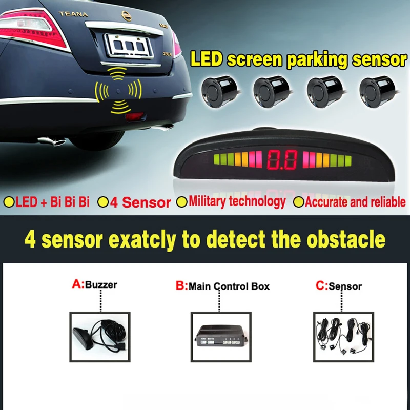 Parking Sensor Car Reverse Radar Kit Vehicle 4 Sensors Backup Assist System LED Distance Display Sound Warning