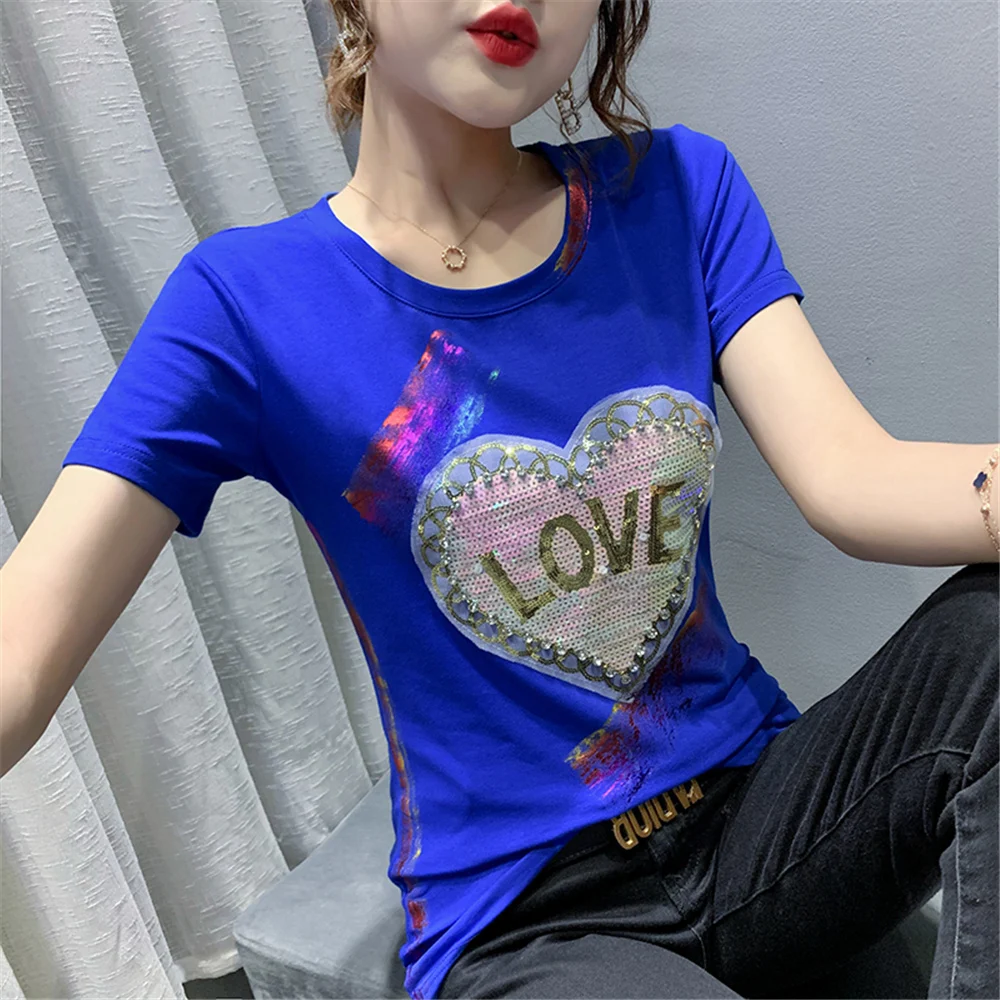 

Vetement Femme Diamonds Sequins Love Letter T-Shirts Women Sequined Rhinestone Tshirt Poleras Mujer T Shirt Woman Tops Clothing