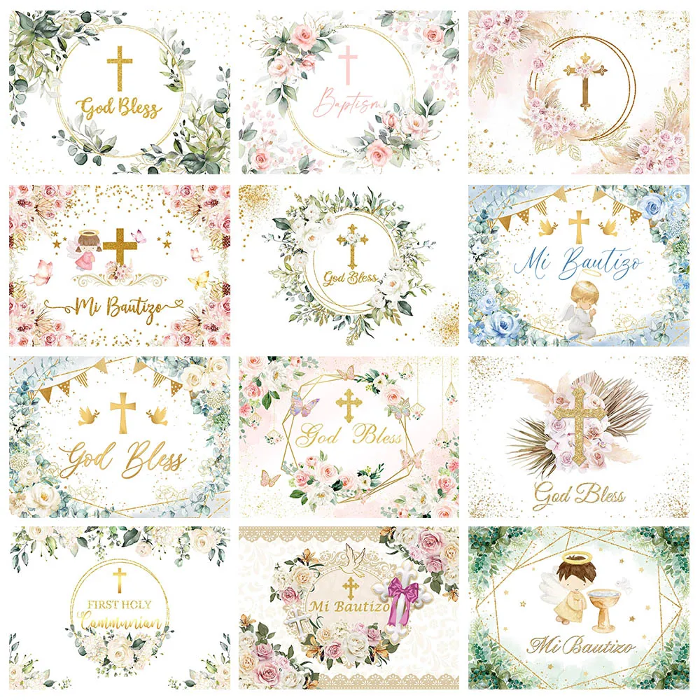 Newborn Baby Baptism Backdrops Decor God Bless Green Golden Leaves First Holy Communion Photo Background Studio Banner