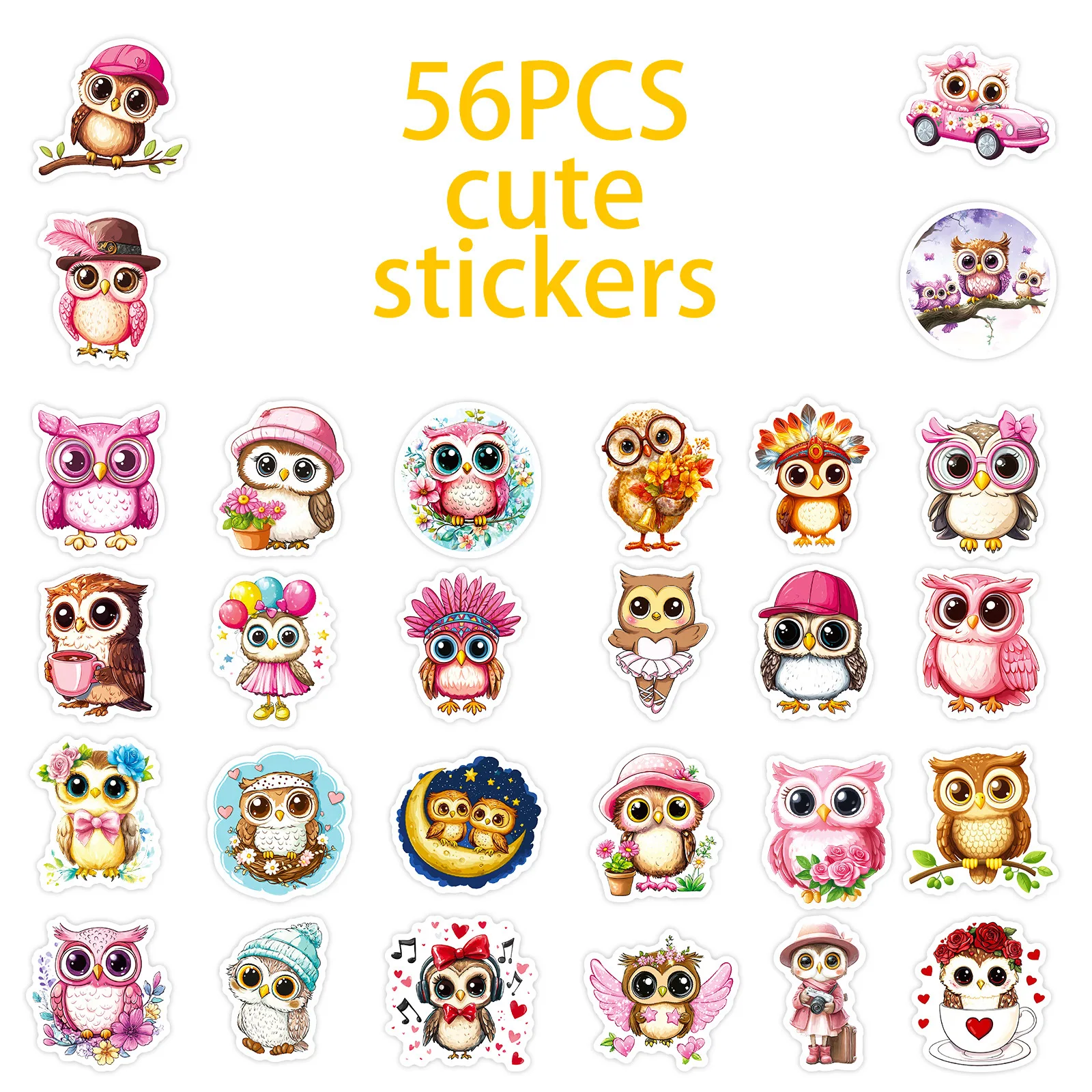 Pink Big Eye Owl Cute Doodle Stickers Set - Pack of 56/112 for DIY Crafting and Decoration