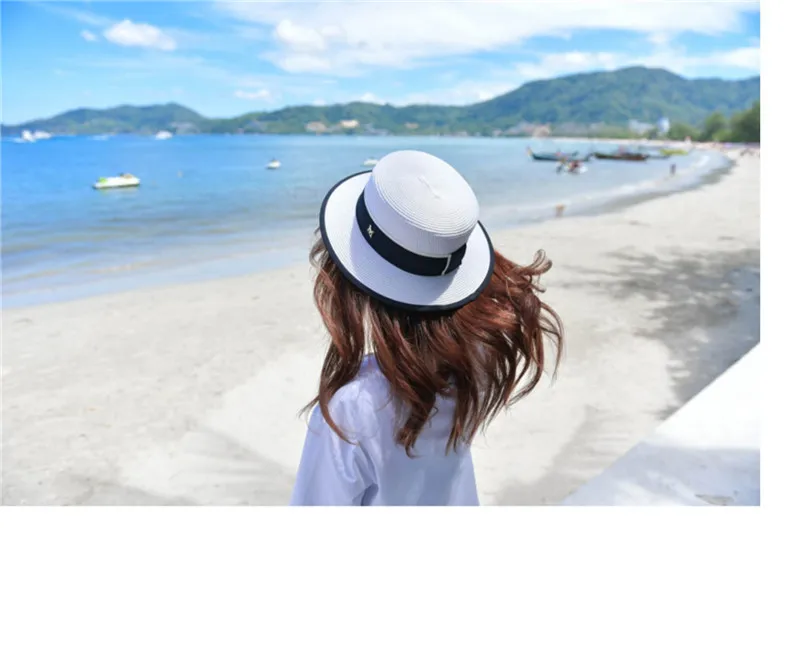 Chapeaux de soleil à bord plat avec lettre M en strass pour l'extérieur, chapeau melon d'été pour femmes, casquette de paille pour voyage et shopping_voghion.com