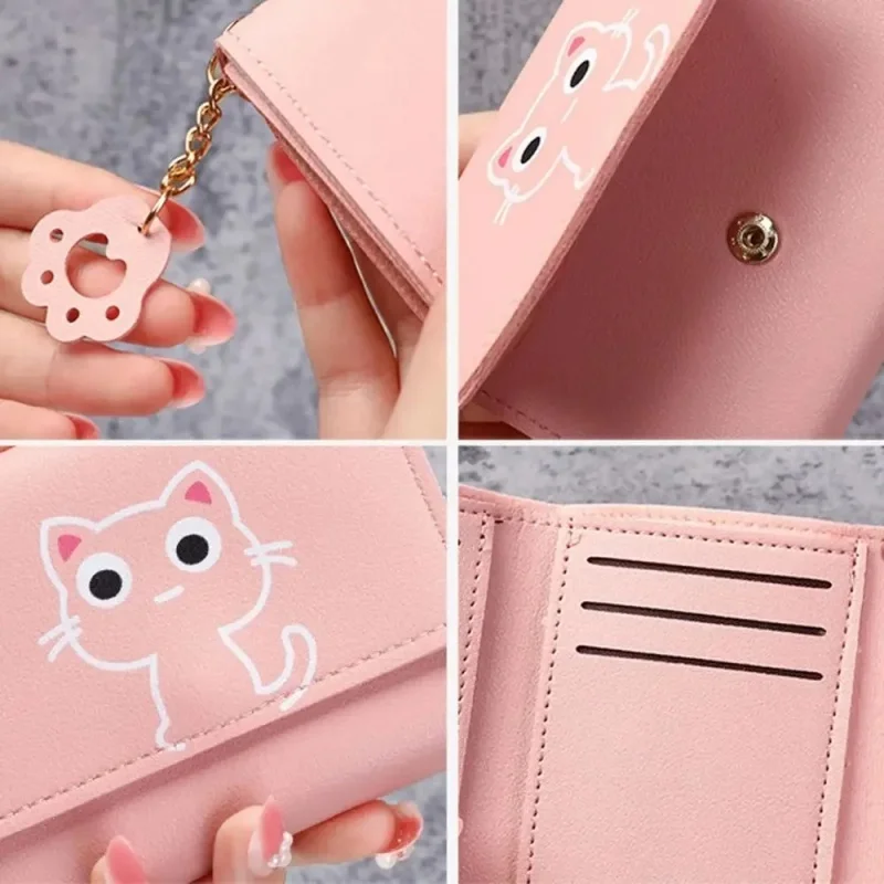 Women Wallet 1PC Cartoon Cat Print Women's Short Coin Wallet PU Three Fold Card Bag Portable Multi Card Slot Travel Wallet for Birthday Gifts