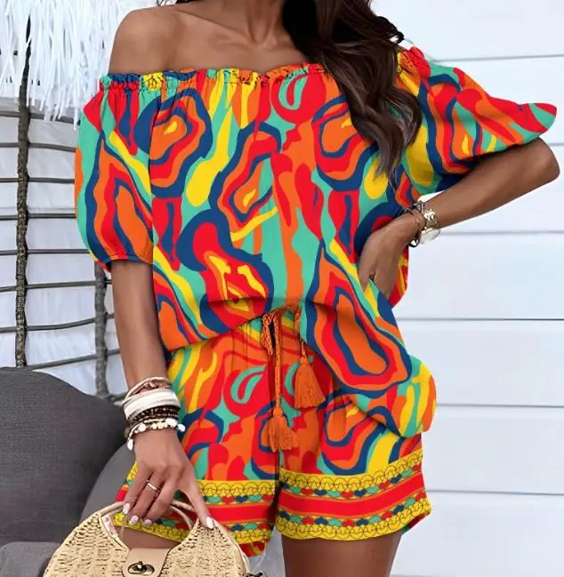 Fashion Women Shorts Set Summer 2023 New Multicolor Abstract Print Off Shoulder Top and Drawstring High Waist Shorts Set