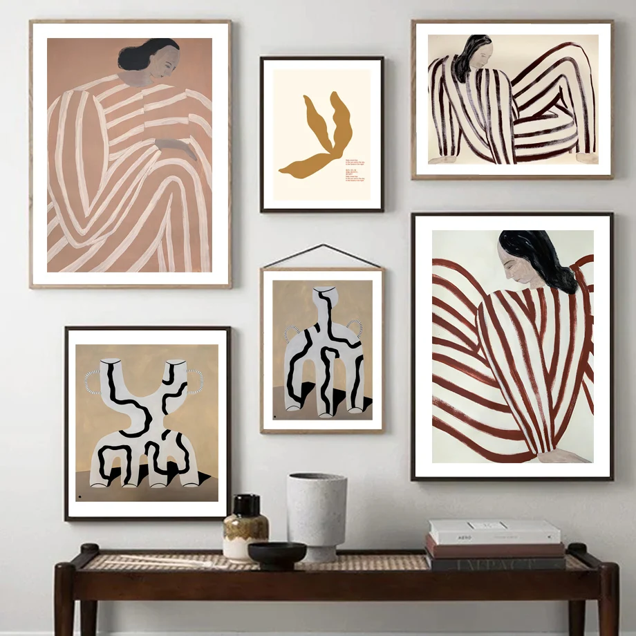 Abstract Geometry Line Girl Posa Leaf Wall Art Prints Canvas Painting Graffiti Nordic Poster Decor Pictures For Living Room