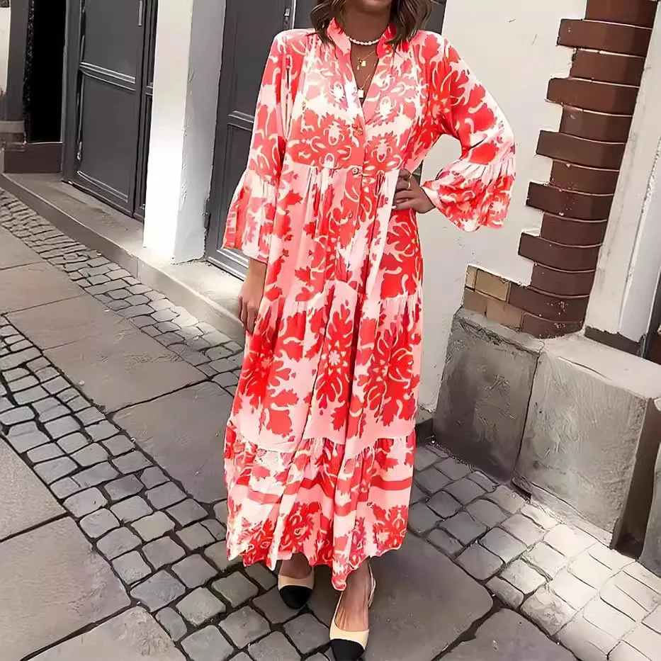 Vestido Midi Acampanado De Mujer - Manga Larga Estilo Bohemio Con Botones, Perfecto Para Otoño Y Primavera
