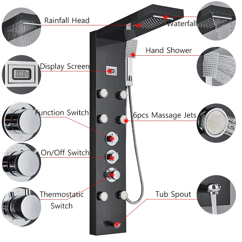 Description Picture 4 of itemThermostatic Bathroom Luxury Rain Waterfall Head Shower Panel Display Screen Massage Jets Waterfall Bath Tub Spout Shower Column