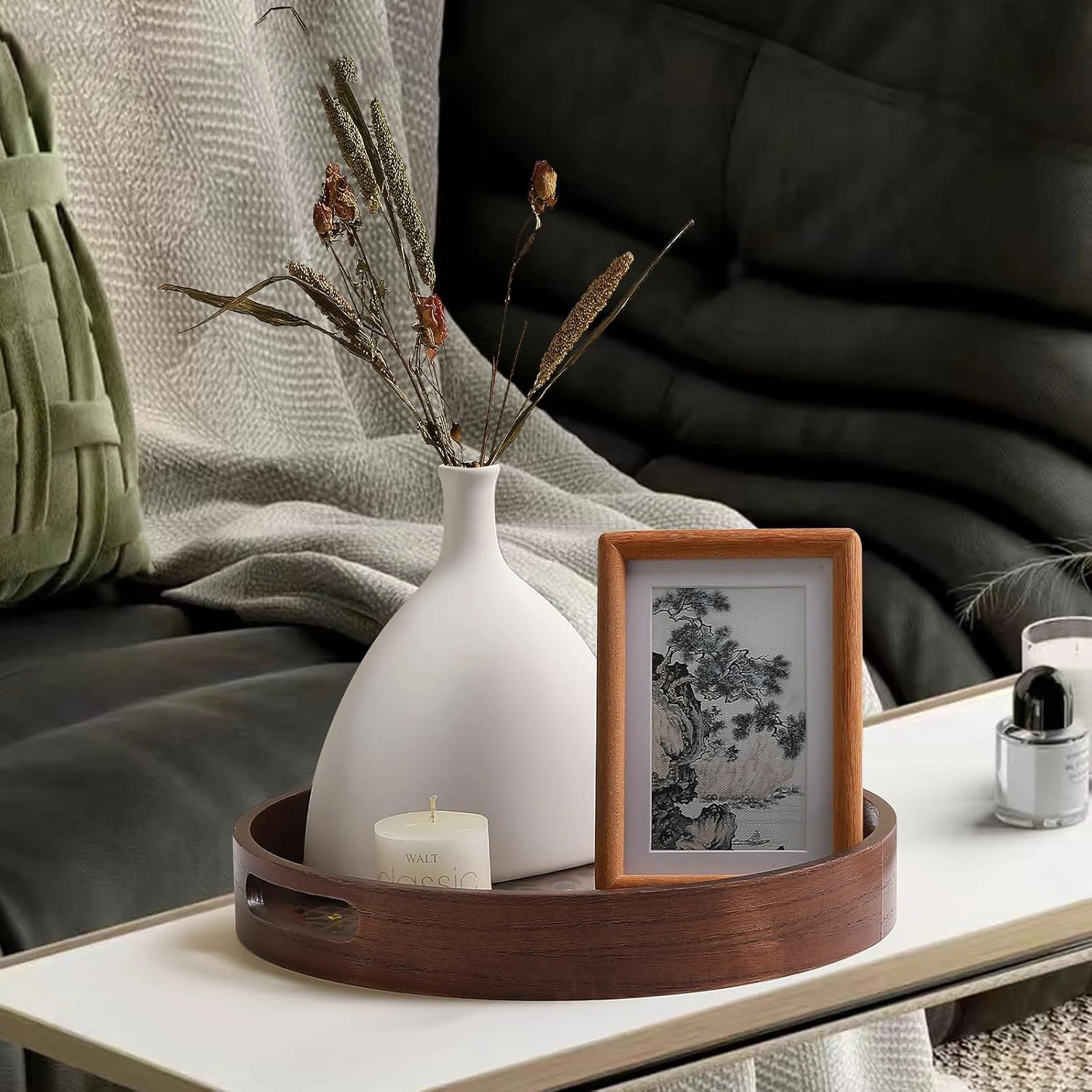 Round Brown Table Decorative Tray for Coffee Table Wood Serving Tray Boho for Bedroom Small Round Kitchen Counter