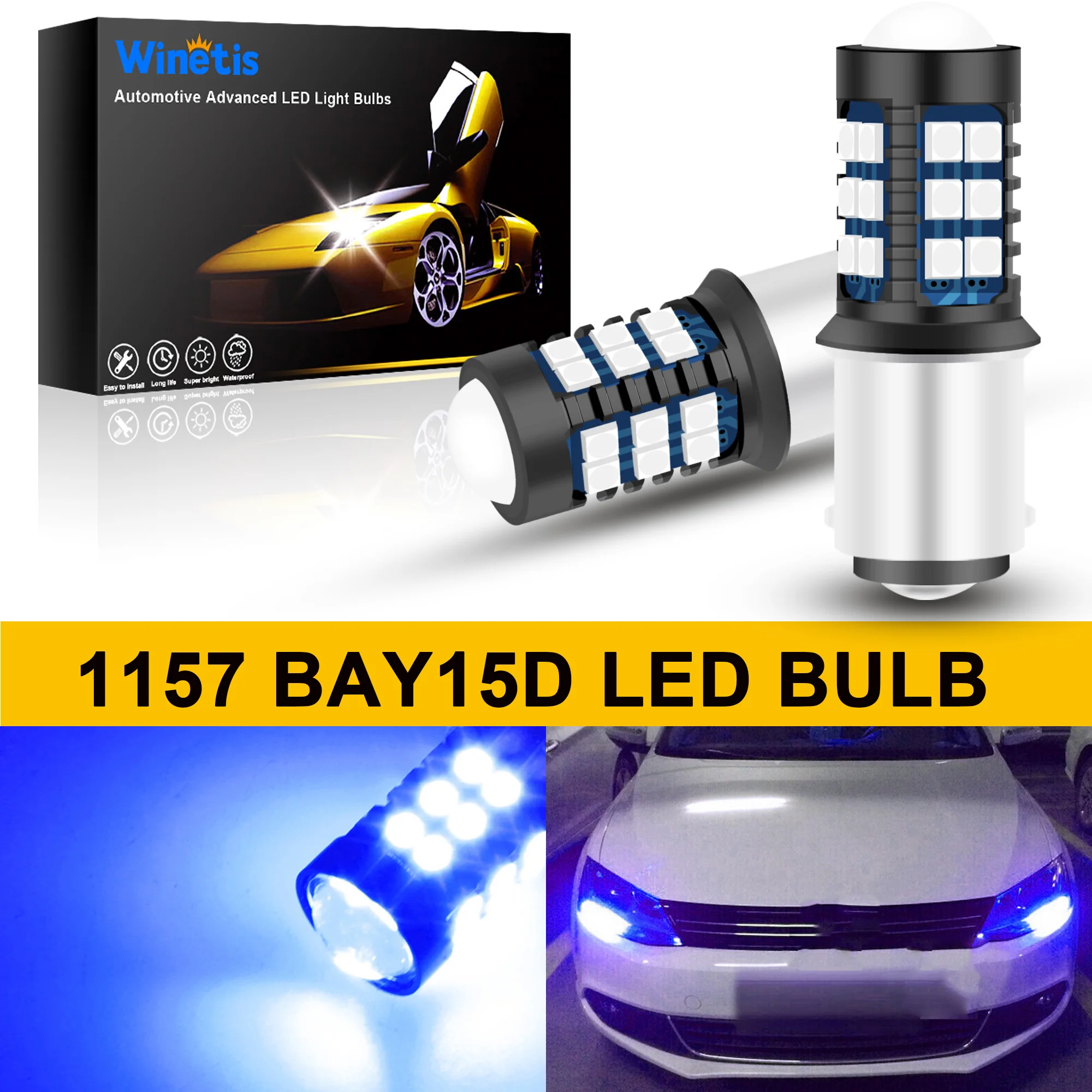 

Winetis 2Pcs 1157 2357 2057 7528 BAY15D 10000K Blue LED Bulbs with Projector Lens For Daytime Running Light DRL Backup Lights