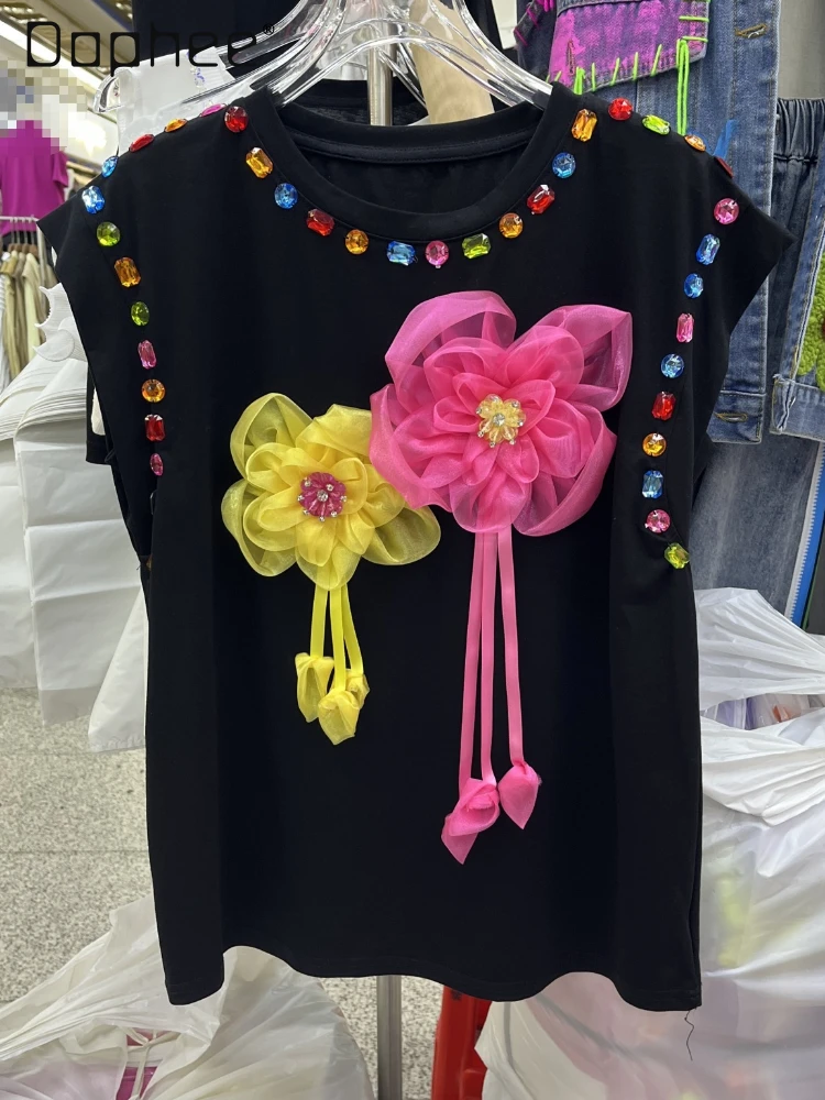 

2024 Summer New Exquisite Rhinestone Mesh Stitching 3d Large Flower Sleeveless Crew Neck Top Fashion Black T-shirt Women Clothes