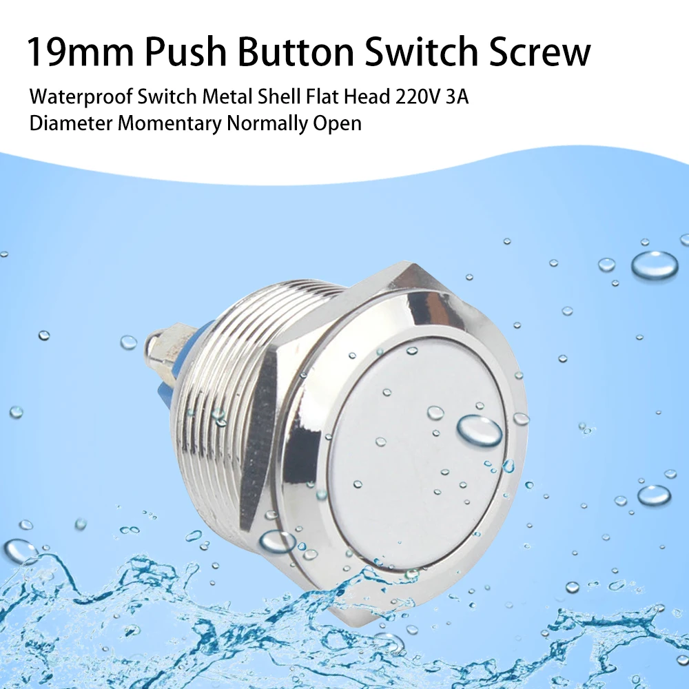 Interruptor de Tecla Momentâneo Impermeável Metal Shell Cabeça Lisa 1no Normalmente Aberto Terminal do Parafuso 19a 220v 3a
