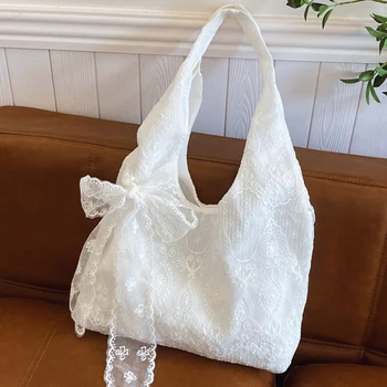 Elegante Borsa Tote in Pizzo, Grande Capacità, Stile Boho, Borsa da Spiaggia, Borsa a Mano Casual, Borsa a Spalla in Pizzo Bianco, Borsa da Donna per il Pendolarismo