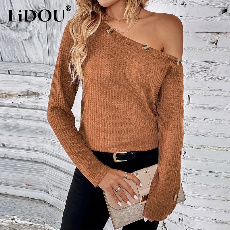 

Spring Autumn Women's Sexy Off the Shoulder Long Sleeve Tee Ladies Casual Fashion Bottoming Pullover Female Solid Color T-shirt