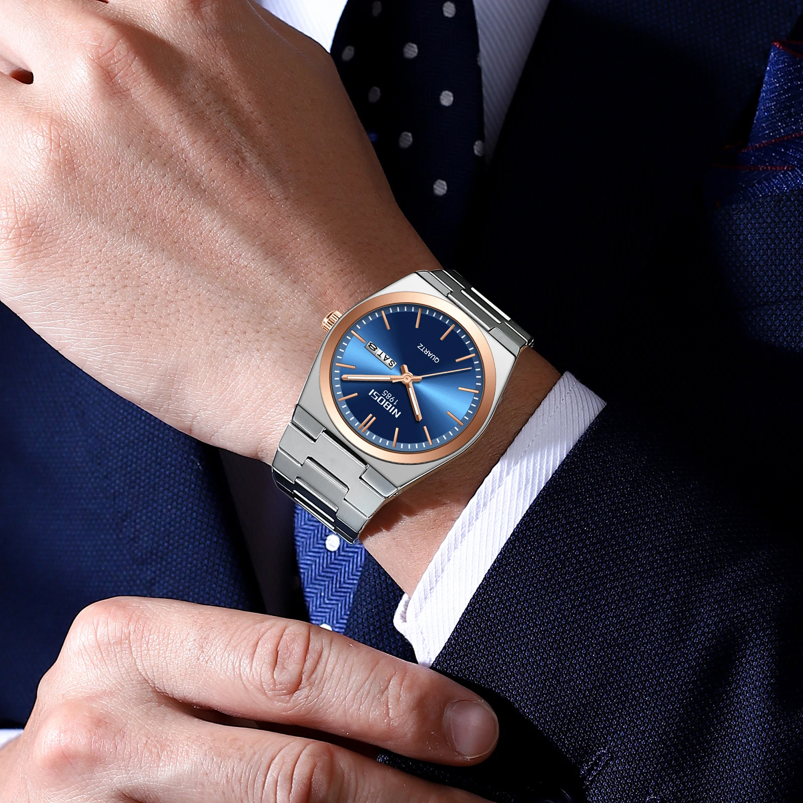 NIBOSI Fashion Mens Quartz Watches Gold Luminous Man Wristwatch Waterproof Calender Clock Stainless Steel Strap Male Watch