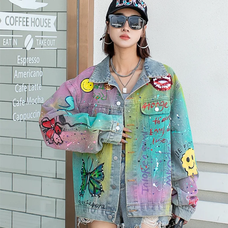 

Stylewomen's Jacketwomen's New Denim Spring And Autumn New Street Fashion Personality Sequins Handmade Graffiti Print Hip Hop Lo