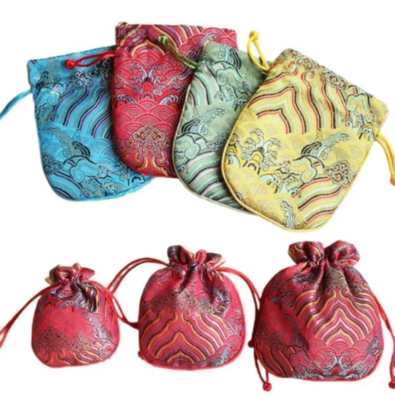 

10pcs 3 Size Seawater Small Fabric Cloth Gift Pouches Drawstring Chinese Silk Brocade Party Wedding Favor Bags with Lined