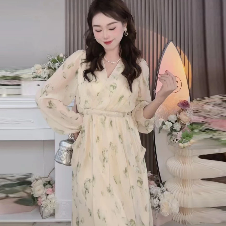 

Женское длинное платье с цветочным принтом, облегающее ТРАПЕЦИЕВИДНОЕ ПЛАТЬЕ С V-образным вырезом и длинным рукавом, повседневные платья, осень 2023