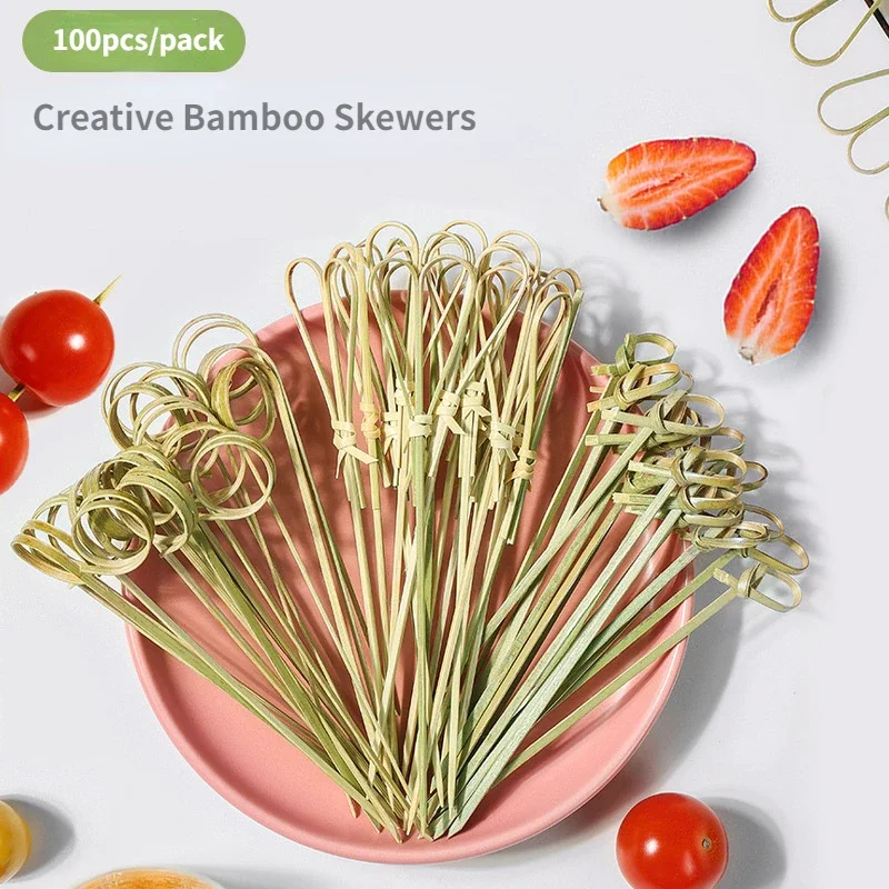 

100pcs Disposable Bamboo Tie Picks Bamboo Knot Skewers Food Picks With Twisted Ends Food Fruit Fork Bamboo Sticks Cocktail Picks
