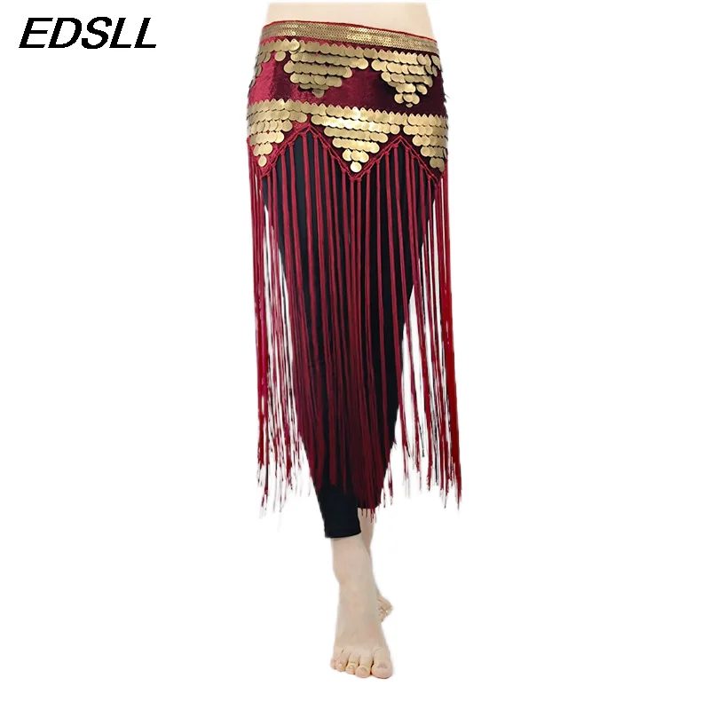 

Hot Sale Women's Long Tassel Belly Dance Hip Scarf Sexy Pearl Embroidery Sequins Oriental Dance Practice Waist Scarf Dance Dress