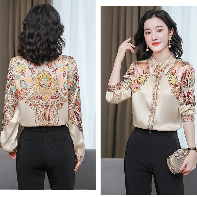 2025 Spring Fashion Floral Print Blouse Women Satin Shirts Ladies Tops Autumn Long Sleeve Silk Shirts Blusa Mujer Clothes 18440