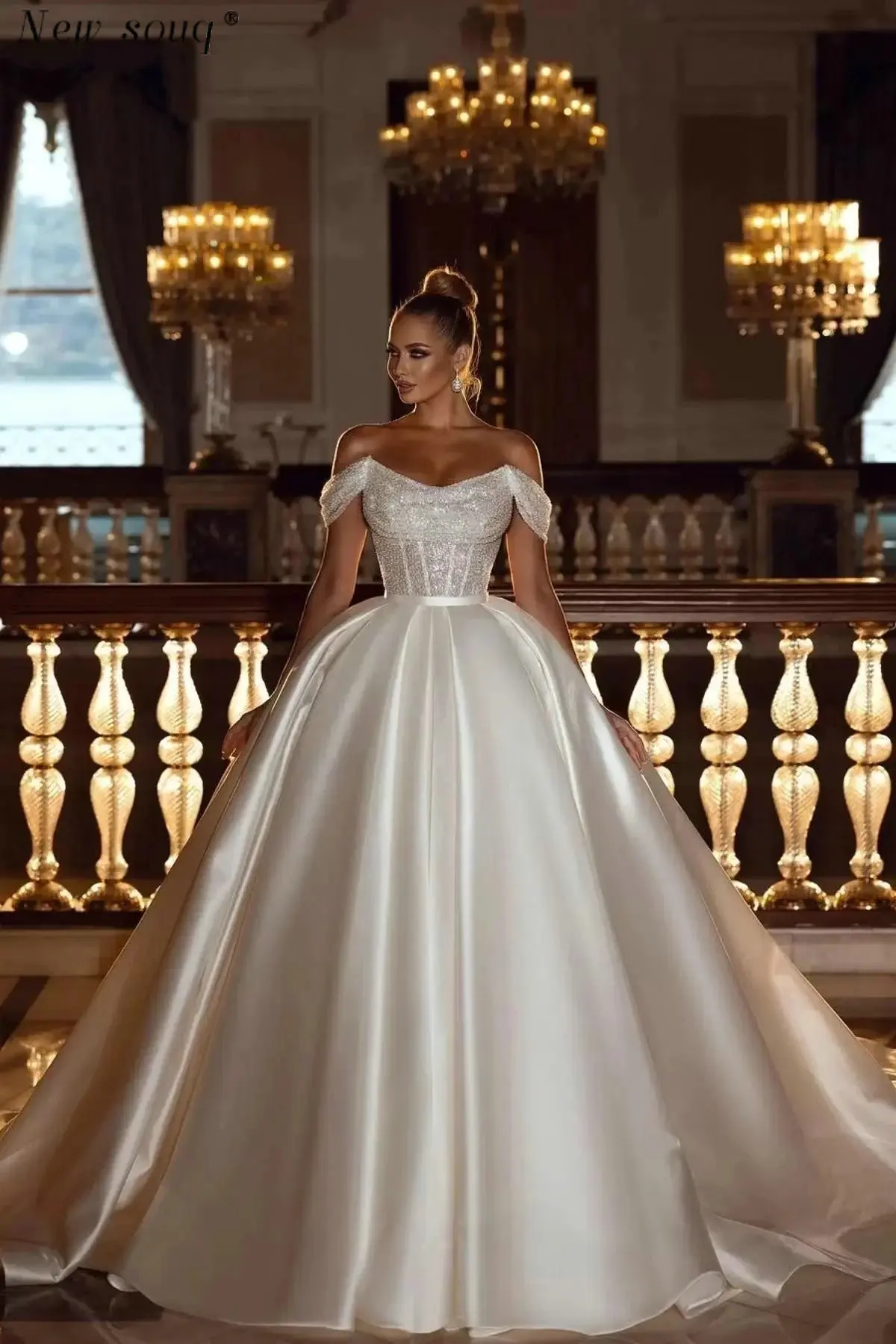 

Glitter Sequins Top Off the Shoulder Satin Wedding Dresses 2023 Simple Sleeveless Ball Gowns Beach Bridal Gowns Vestido De Novia