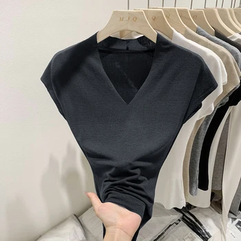 AOSSVIAO 2025 الصيف سليم صالح قاعدة تي شيرت بلون تنوعا الخامس الرقبة قصيرة الأكمام تي شيرت المرأة رداء علوي غير رسمي على الموضة 4