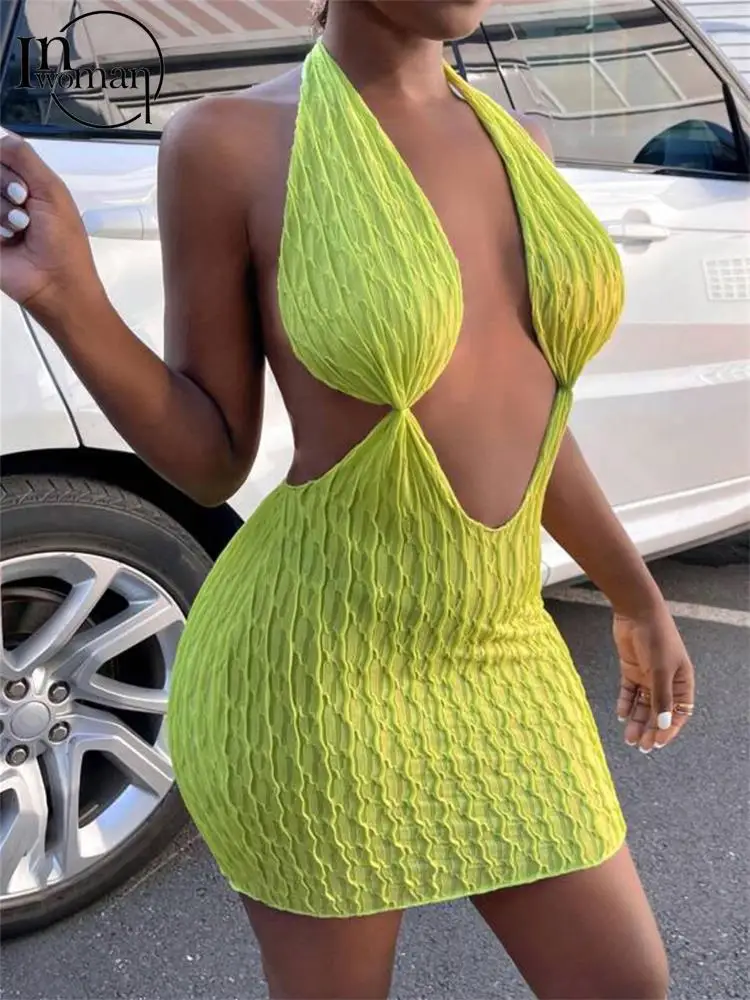 

Inwoman Green Sleeveless Halter Strapless Mini Dress Party Club Outfits For Women Bodycon Booty Short Dress Hollow Out Dresses