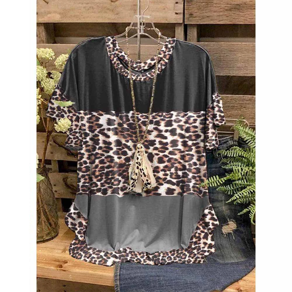 

Women Tops T-Shirts 3D Ruffled O-Neck Short Sleeves Leopard Printed Loose Casual T-Shirts Summer Streetwear