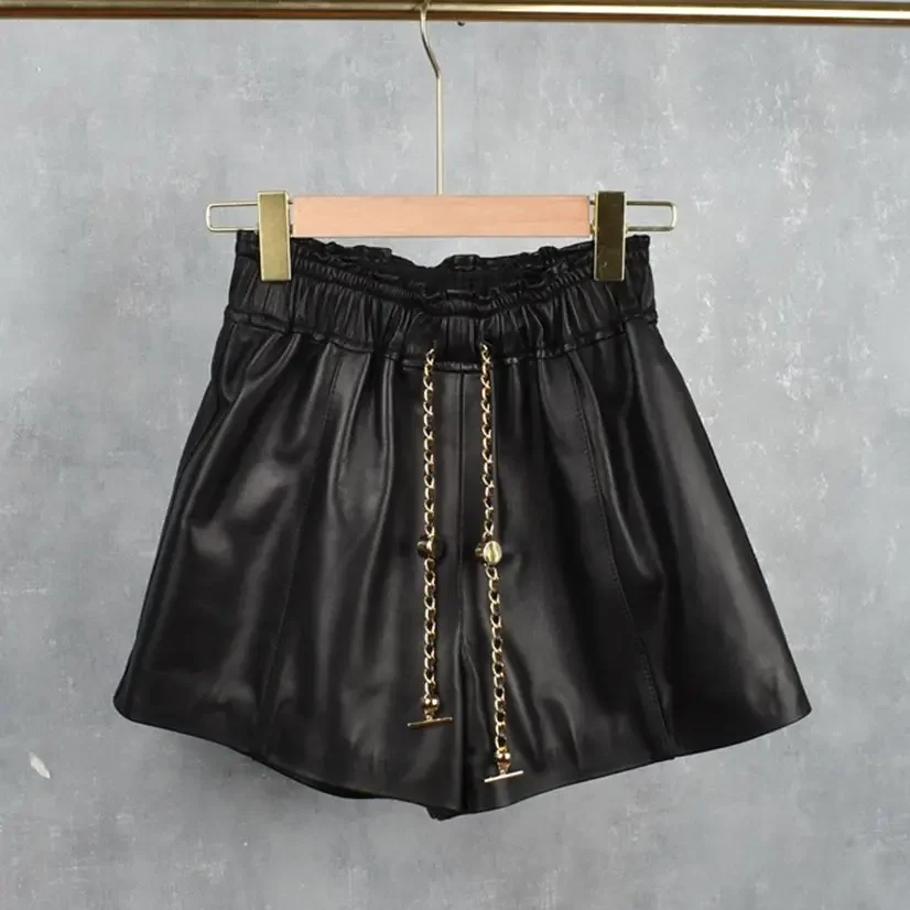 

Women Genuine Leather Shorts Sheep Skin Elastic Waist Real Leather Pants Female Wide Leg Pants