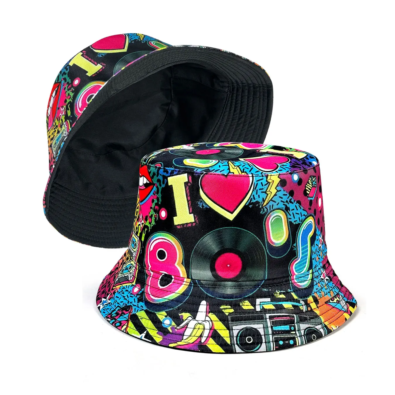Unisex Retro-Kassetten-Eimerhut, geeignet für alle Jahreszeiten, faltbarer, wendbarer Sonnenhut, geeignet für Hip-Hop-Stil, farbenfroher Eimerhut mit I Love 80S-Muster, geeignet für Themenpartys und Outdoor-Aktivitäten – Detail 8