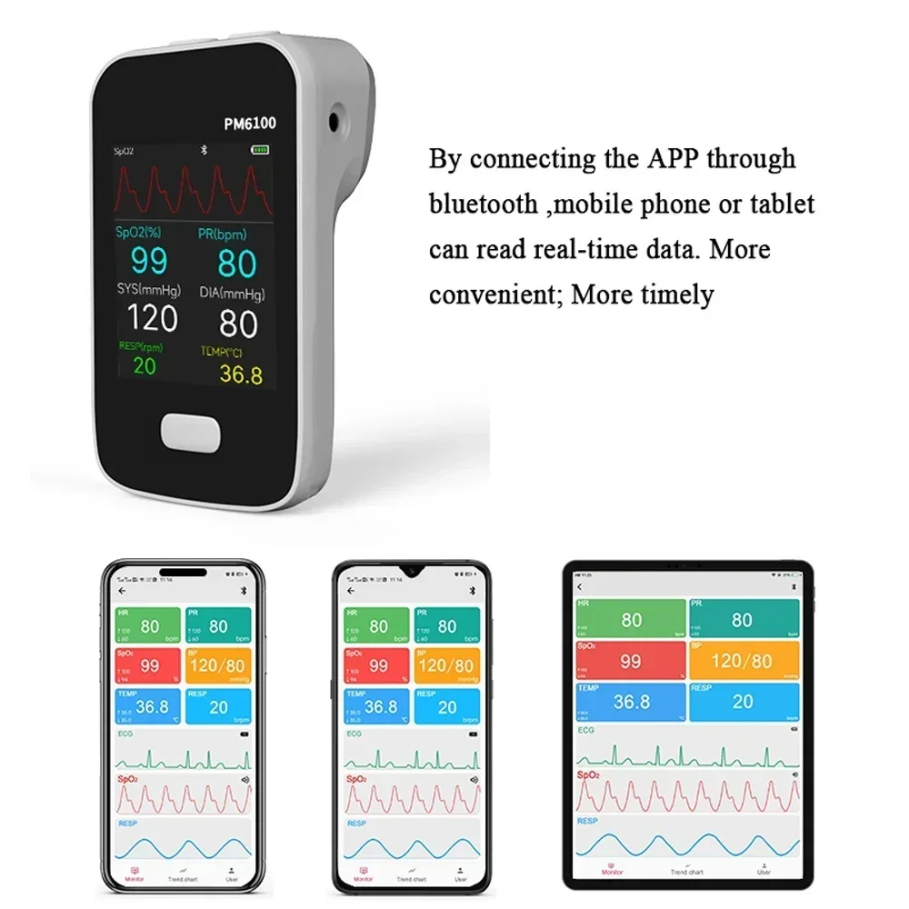 Handheld 6 Parameters Vital Signs Monitor Adult Portable Patient Monitor SpO2 PR HR ECG RESP NIB Support Bluetooth Conect