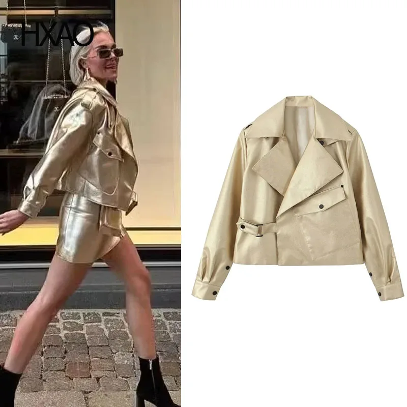 

HXAO Gold Cropped Faux Leather Jackets for Women Demi-Season Fashion Leather Jackets Long Sleeve Coats Punk Streetwear