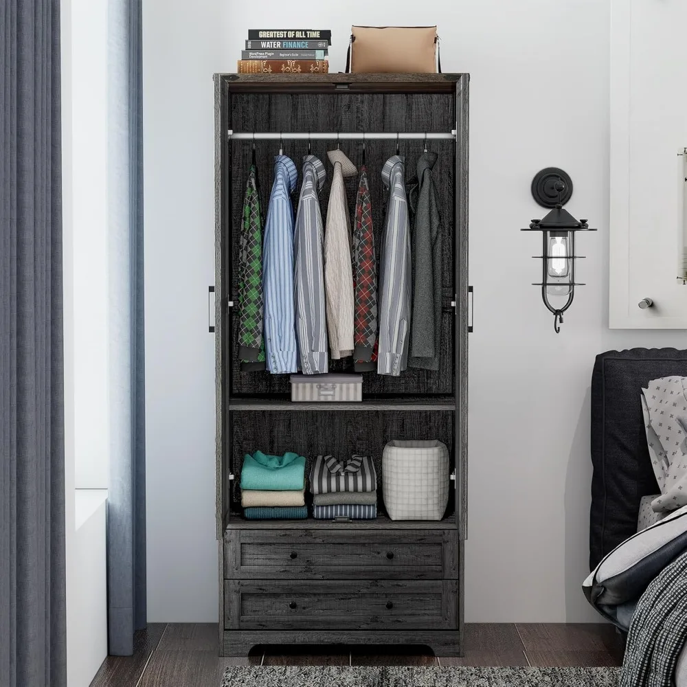 71" wooden armoire wardrobe closet. Modern functional tall storage cabinet with adjustable shelf and hanging rail. 3