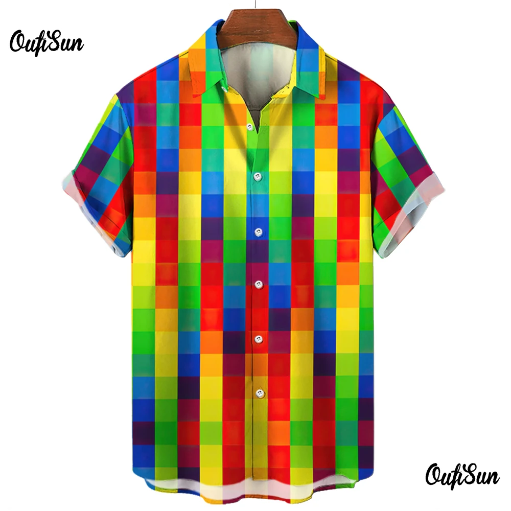 Plaid Shirt For Men Vintage Short Sleeved Shirt Couple Blouse Colorful Printed Casual Men Clothing Oversized Streetwear