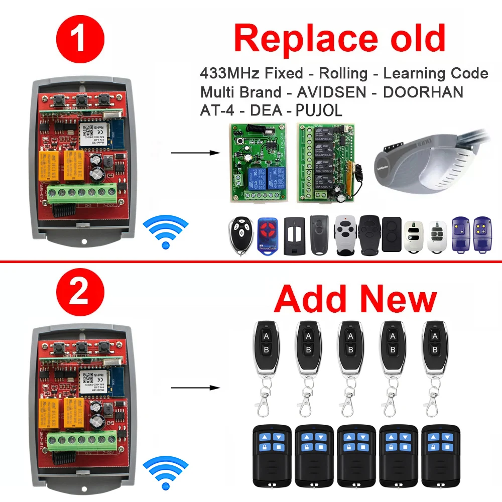 Smart Wifi Receiver Tuya Universal 2CH 12V 24V 220V Garage Door Remote Control Opener Controller 433/433.92 Mhz Transmitter