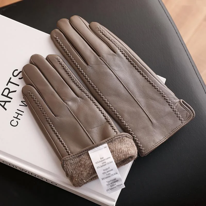 

Genuine Leather Gloves Women Winter Touch Screen With Plush Thickened Fashion Sheepskin Leather Gloves Black Goatskin Mittens