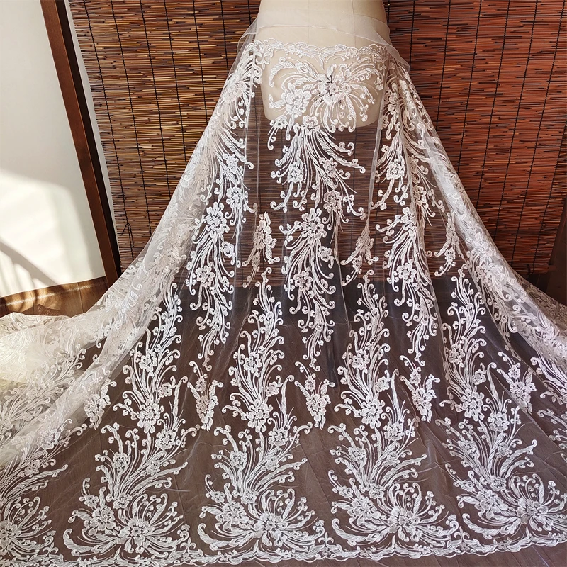 

New high-end embroidery flower lace fabric for wedding dress trailing veil clothing skirt designer fabric decoration DIY
