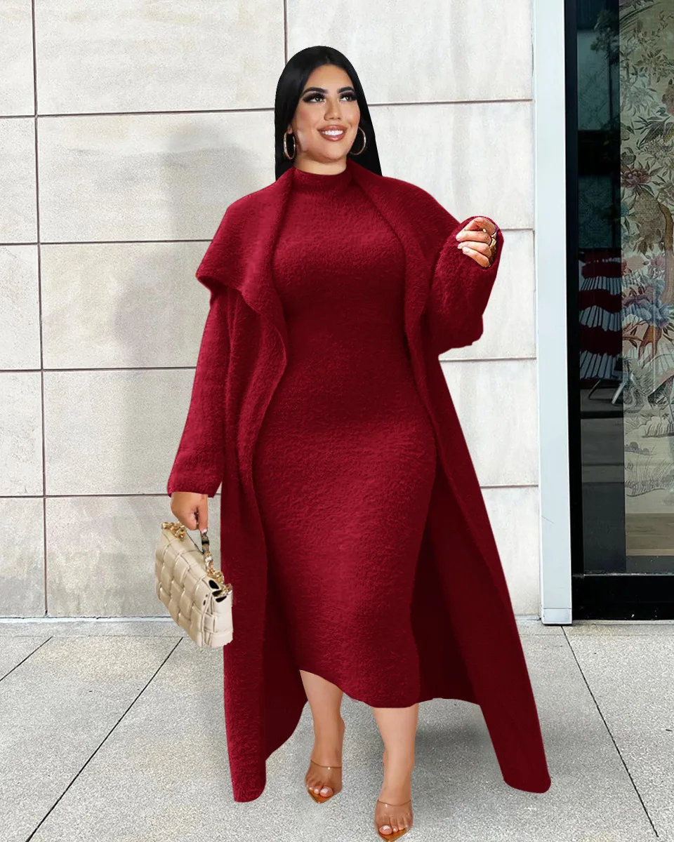 Plus Size Women Party Dress Fur Elegant Long Jacket 2022 Winter Evening Robe Female Luxury Two Piece Set New In Outdoor Clothes