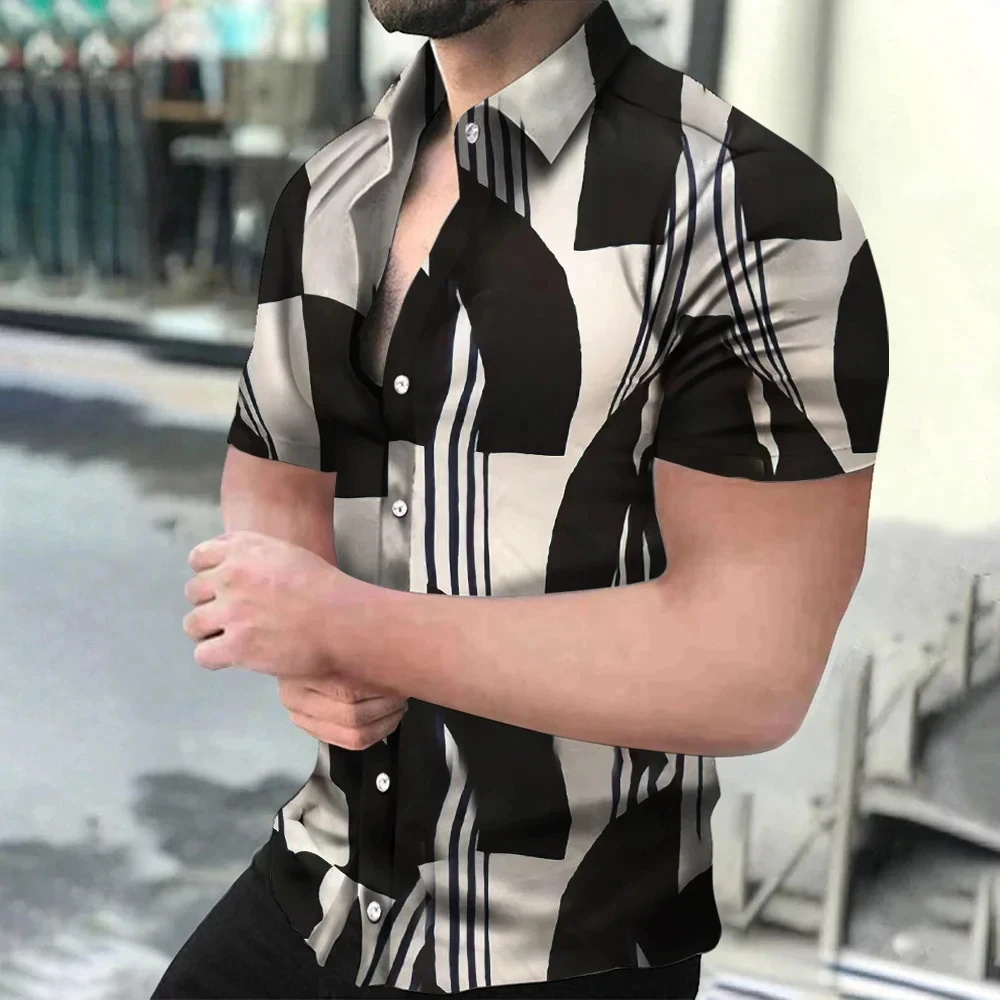 thumbnail image 1 of Camisa de manga corta con cuello abatible y botones para hombre, informal, cómoda, transpirable, con estampado 3D de rayas de playa para vacaciones, 1 of 4