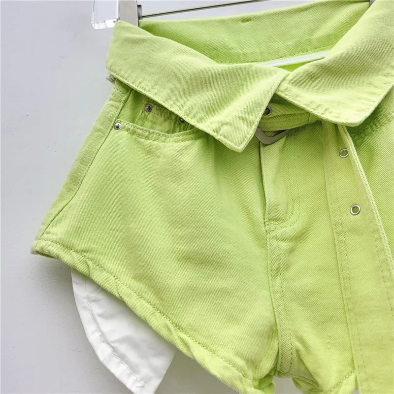 Women Shorts Green Fashion Flanging High Waist Wide-Leg A- Line Shorts 2024 Summer New Hot Girl Style Pocket Denim Hot Pants