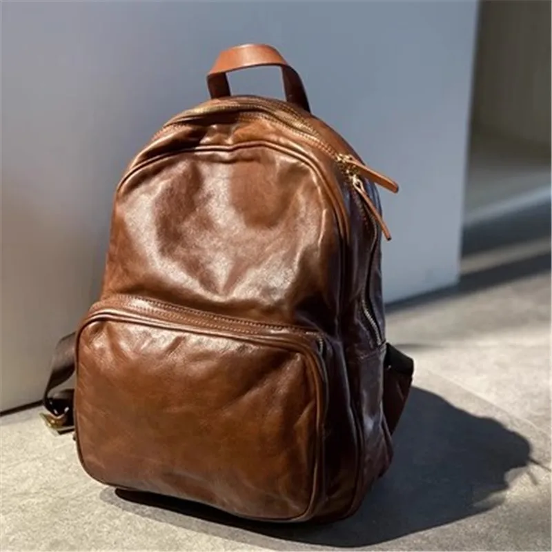 Simple vintage luxury genuine leather men's women's backpack handmade natural high-quality soft real cowhide female schoolbag