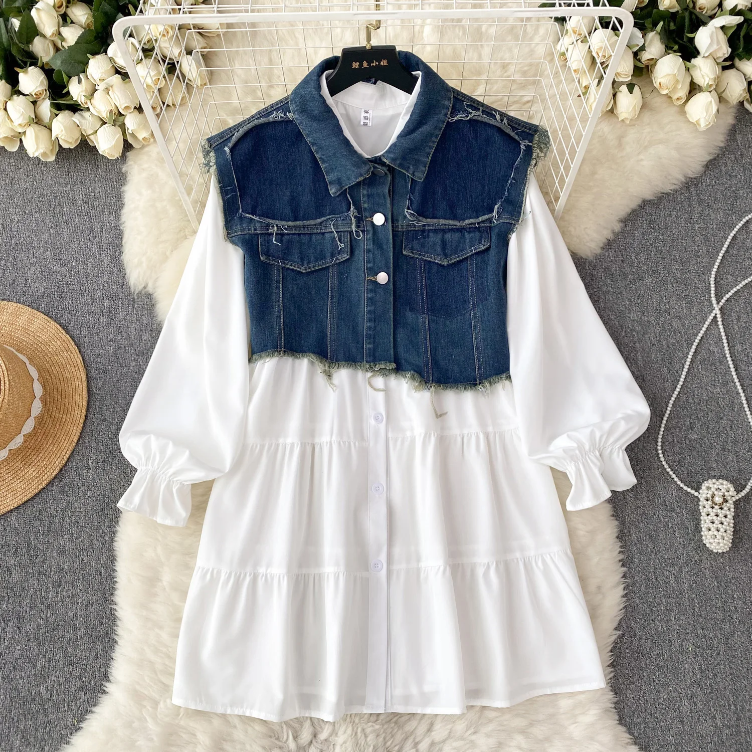 

SuperAen Autumn 2023 New Denim Coat Vest Short Dress Women's Fashion Two Piece Dress Set