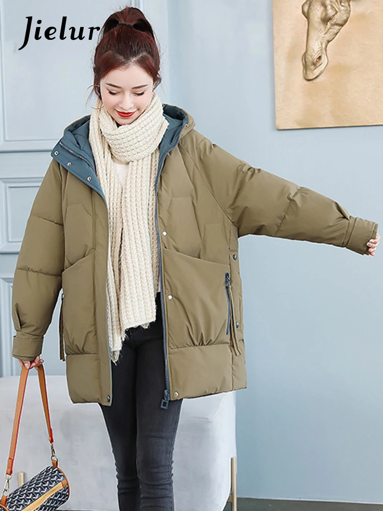 

Casual Hooded Cotton Jackets for Women Winter New Medium Length Loose Thicken Khaki Blue Parkas Woman Fashion Lady Coat