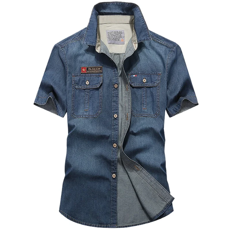 Men Multi pockets Blue Denim Shirts Summer Male Short Sleeve Tooling Shirts Men Cotton Casual Jeans 4XL